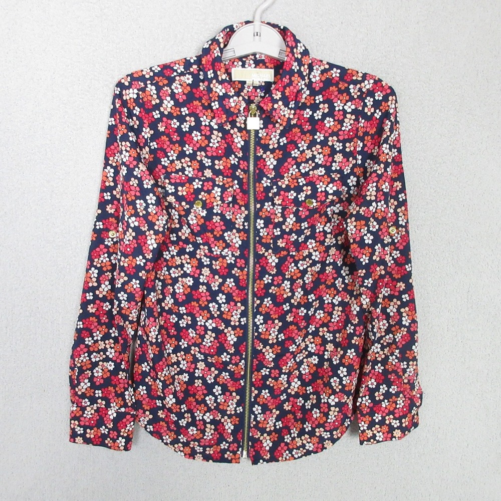 Michael Kors Womens Floral Zip Front Blouse Navy Red Orange Petite P 5675